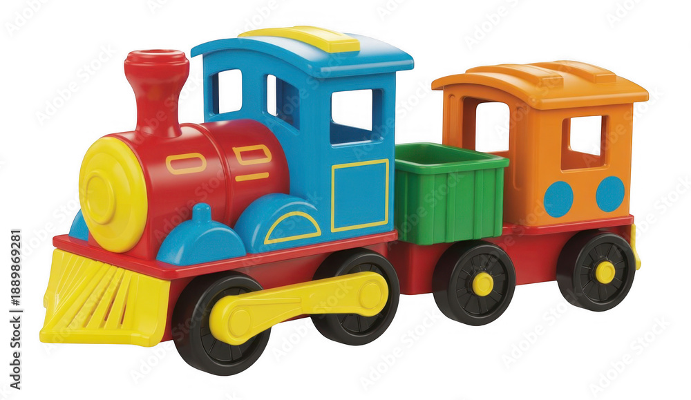 Naklejka premium Colorful toy train plastic locomotive isolated on a transparent background