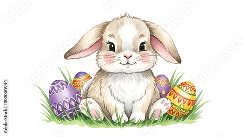 Cute Easter bunny with colorful eggs in grass