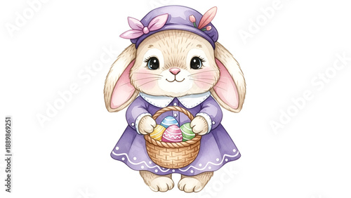 Cute Easter bunny holding colorful eggs