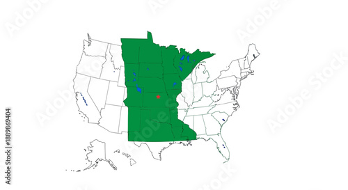 Midwest region illustration highlighting Minnesota, Wisconsin, Iowa, North Dakota and South Dakota