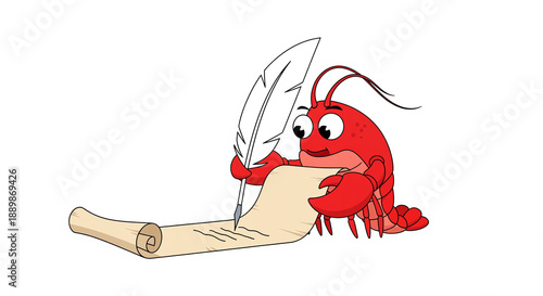 A cute cartoon red lobster character is happily writing on an old paper scroll with a traditional white quill pen, illustrating creativity and communication.