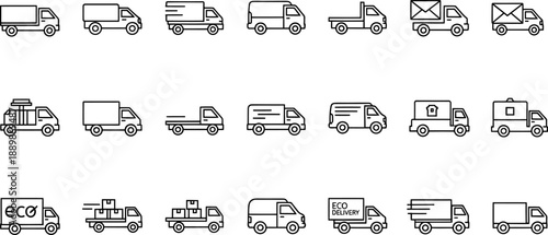 Shipping and delivery truck icons: a variety of trucks and vans for eco, express, and general transport services, minimalist line art.