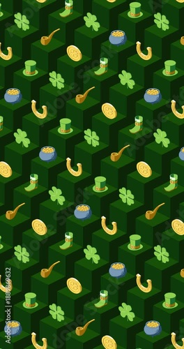 Vertical colorful St. Patrick's Day isometric icons loop animation on dark green geometric background