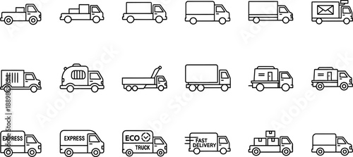 Delivery vehicle icons set: various trucks and vans for express, eco, and standard delivery services, simple line drawing style.