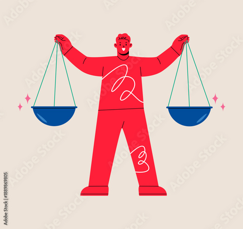 Balance and justice concept. Man lift balance ethical scale. Colorful vector illustration