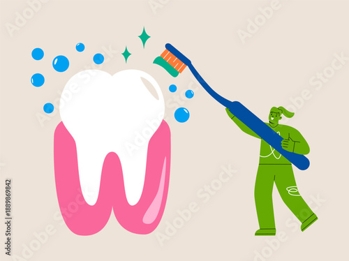 Brushing Teeth. Woman holding a big toothbrush. Dental care concept. Colorful vector illustration