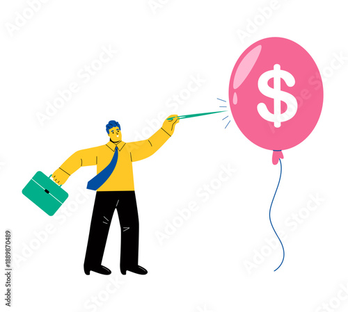 Business man pushing needle to pop the big dollar sign balloon. Business concept. Flat vector illustration isolated on white background
