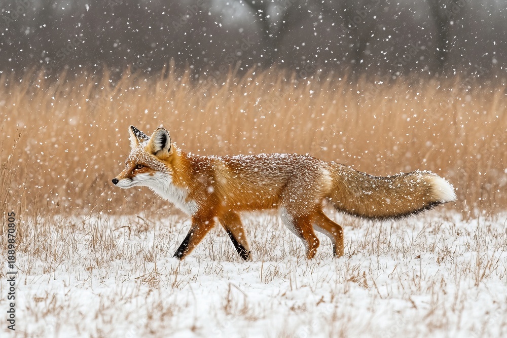 Fototapeta premium Graceful wild fox walks through snowy habitat under dramatic winter skies and serene meadows.
