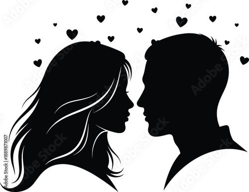 Romantic couple profile silhouettes facing each other with floating hearts black vector illustration isolated on white background love concept art
