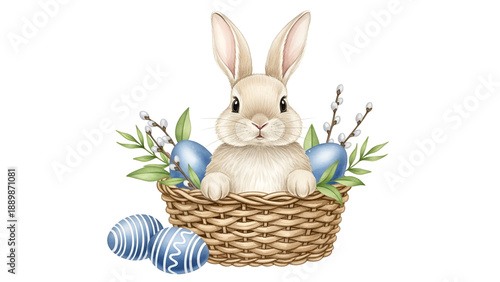 Adorable Easter bunny in wicker basket with blue eggs