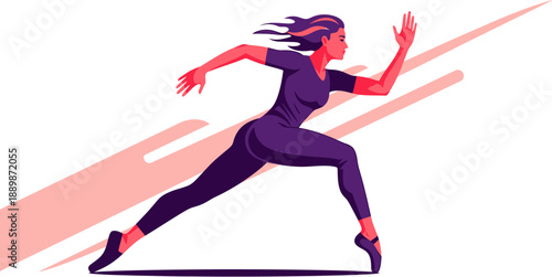 Dynamic illustration of a determined woman sprinting forward, embodying speed, energy, and athletic movement with a stylized, vibrant design