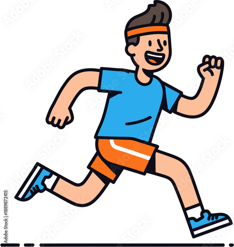 A smiling man with athletic attire is captured in a dynamic illustration, enthusiastically running with his arms in motion, symbolizing fitness and active living