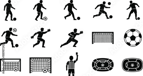 Sport of soccer (football) players in action, a soccer ball, a goal net, a scoreboard, and a referee, players kicking a ball, a goalkeeper diving, and cheering fans.. 