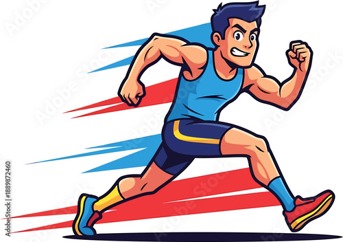 Vibrant illustration of a determined male athlete in full sprint, embodying speed, energy, and the exhilaration of athletic achievement