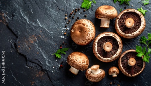 Fresh portobello mushrooms preparing for cooking on dark background