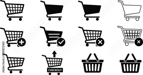 Marketplace shopping carts, trolley, icon set. 