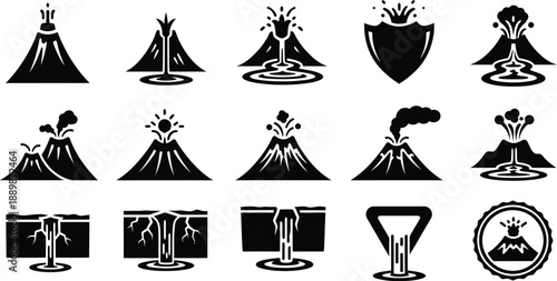 Volcanic activity, from dormant to erupting. Dormant volcanoes, erupting volcanoes with flowing lava, and explosive eruptions with ash clouds. 