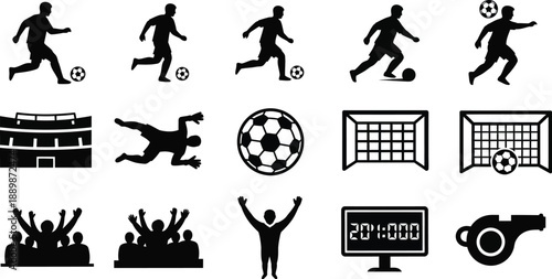 Sport of soccer (football) players in action, a soccer ball, a goal net, a scoreboard, and a referee, players kicking a ball, a goalkeeper diving, and cheering fans.. 