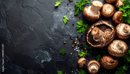 Fresh cremini and portobello mushrooms preparing for cooking with herbs