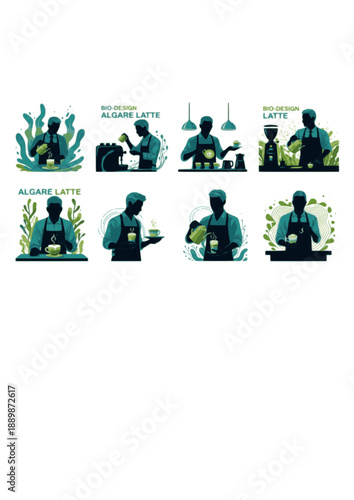 Bio-Design Algae Latte Barista Silhouette, Sustainable Superfood Beverage, Future Coffee Shop and Healthy Nutrition Trend Vector