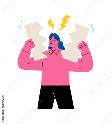 Business woman tearing up papers. Flat vector illustration isolated on white background