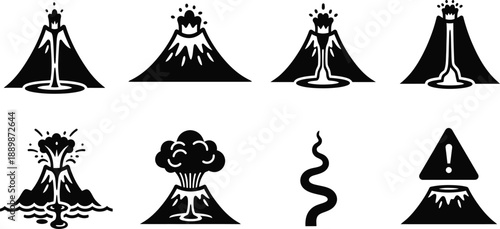 Volcanic activity, from dormant to erupting. Dormant volcanoes, erupting volcanoes with flowing lava, and explosive eruptions with ash clouds. 