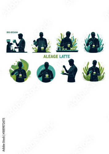 Bio-Design Algae Latte Barista Silhouette, Sustainable Superfood Beverage, Future Coffee Shop and Healthy Nutrition Trend Vector