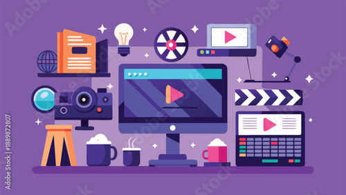 A video production team collaborating on a project, surrounded by cameras, microphones, and editing tools in a creative workspace..eps