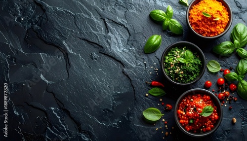 Italian sauces and condiments on dark slate background