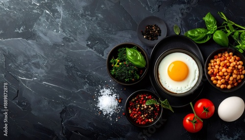 Healthy breakfast with fried egg, broccoli, and beans