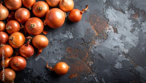 Fresh golden shallots on dark rustic stone background