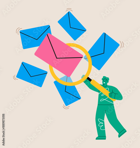 E-mail search concept. Man holding a magnifying glass searching e-mail. Colorful vector illustration