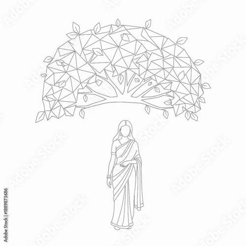 Line art illustration of a woman in a saree standing beneath a geometrically patterned tree canopy with abstract leaves.