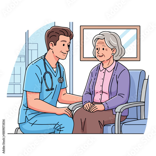 A young male nurse in blue scrubs smiles while talking to a senior woman sitting in a chair in a hospital setting with a window and framed picture in the background.