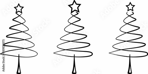 Three stylized christmas trees in a simple black and white line drawing