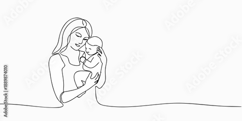 A mother lovingly cradles her baby in a continuous line drawing
