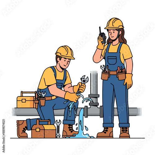 Two construction workers in yellow hard hats and blue overalls fixing a leaking pipe with tools and equipment around them on a clean white background.