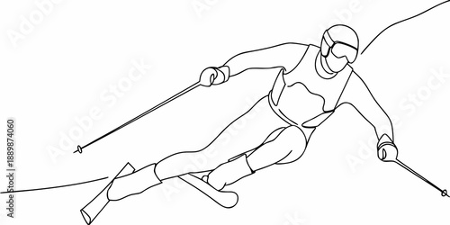 Dynamic line art depicts a skier in motion downhill on snowy slopes