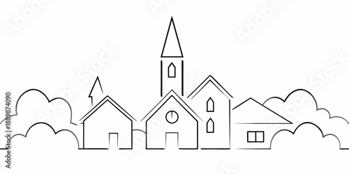 Simple line drawing of a townscape with a church and houses