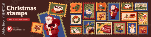 Designs of Christmas stamps set. Templates of postal stickers with Xmas items and elements. Postmarks with Santa Claus, winter holiday ornaments and New Year wreath. Flat vector illustrations