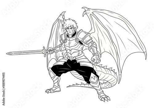 Dragon knight warrior standing ready for battle with sword in hand and large dragon wings spread wide showcasing fantasy adventure and magical powers.