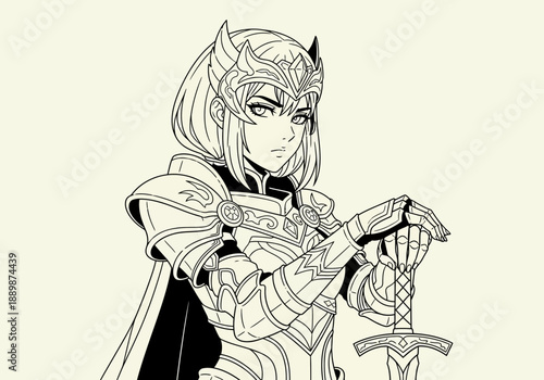 Female warrior in armor holding a sword with a confident expression on her face showcasing her strength and bravery in a fantasy setting with detailed illustrations.