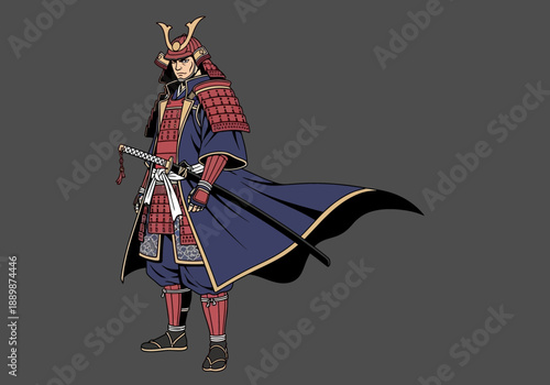 Samurai warrior standing ready for battle with traditional japanese armor and swords in a dynamic pose