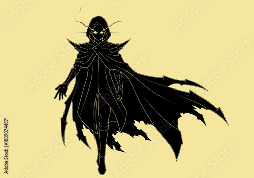 Black hooded figure with cape floating in mid air on a yellow background with a mysterious and ominous presence