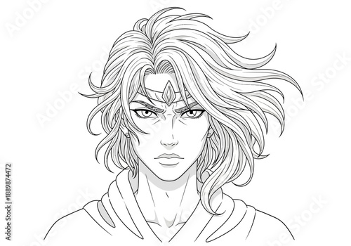 Anime style illustration of a man with flowing hair and intense eyes wearing a headband