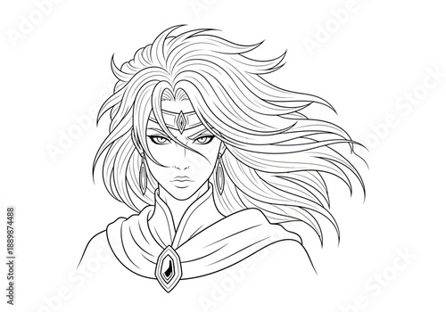 Beautiful fantasy heroine with flowing hair and elaborate headdress depicted in a detailed black and white illustration perfect for coloring and creative inspiration.