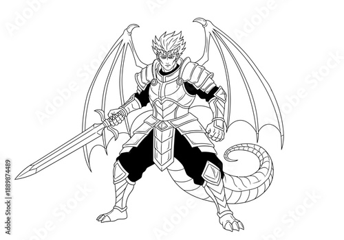 Fantasy illustration of a dragon warrior with sword and armor in a dynamic pose ready for battle against mythical creatures in a fictional world setting.