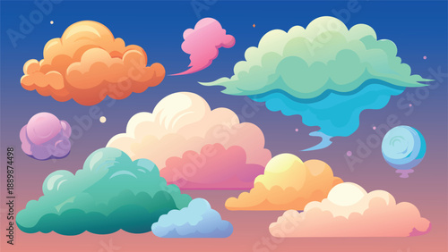 Brightly colored clouds on a white backdrop, offering a lively and artistic visual experience..eps