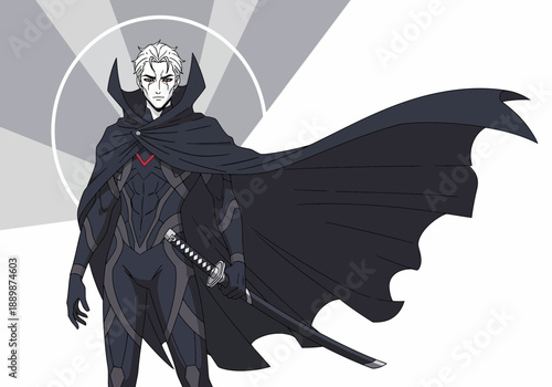 Anime style illustration of a young man dressed in a black cape and holding a sword with a confident expression on his face standing strong.
