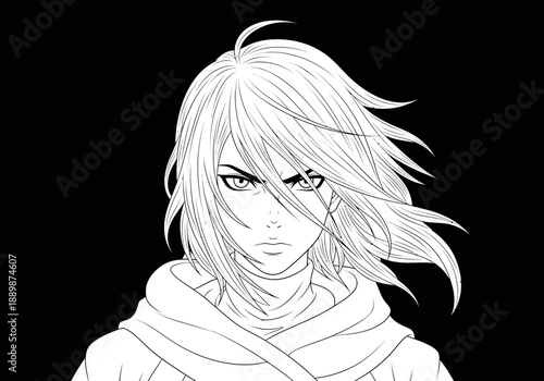 Anime style illustration of a young person with long hair and scarf against a plain black background with bold facial features and dynamic hair flow.